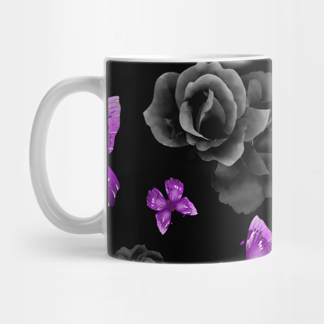 Purple Butterflies and Black Roses w/ Black Background by FloralButterflyDreams